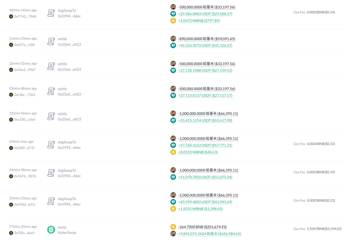 0xb319 hesabının 9,89 milyon 哈基米 alımını ve 264,7 BNB ödemesini gösteren işlem kaydı