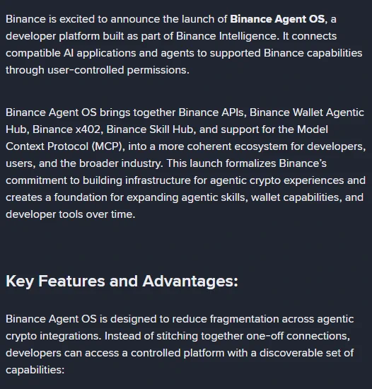 Binance Agent OS’un uyumlu yapay zeka uygulamalarını izinlerle bağladığını açıklayan duyuru