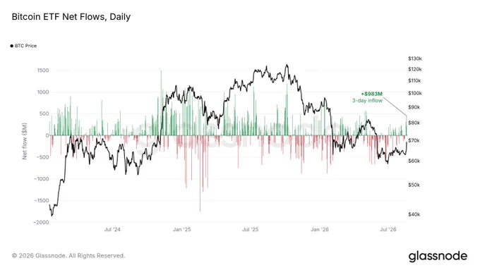 Bitcoin ETF net akışları ile BTC fiyatını birlikte gösteren Glassnode grafiği