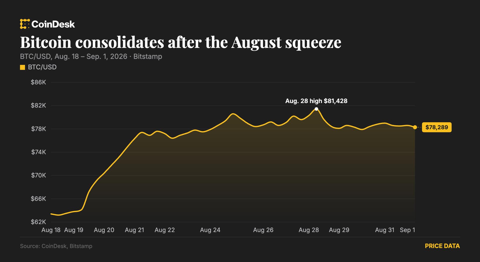 Bitcoin price rising to $81,428 on August 28 and pulling back to $78,289
