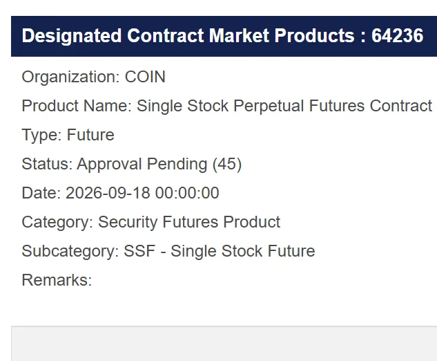 Coinbase’in tek hisse vadeli işlem ürünü için onay bekleyen kayıt ekranı