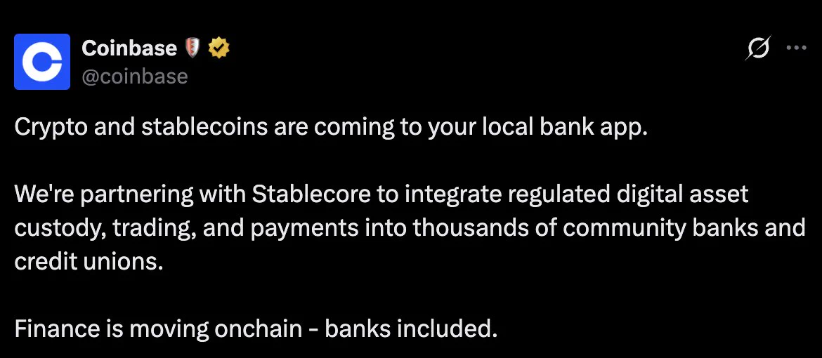 Coinbase paylaşımında kripto ve stablecoin hizmetlerinin yerel banka uygulamalarına taşınması