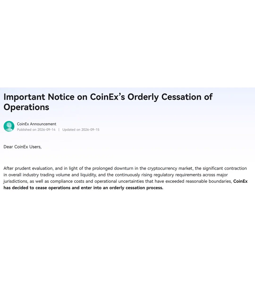CoinEx’in operasyonların düzenli şekilde sona erdirileceğini duyurduğu resmi açıklama
