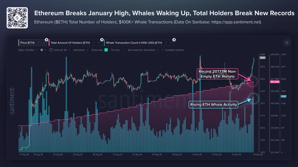 The rise in Ethereum price, number of wallets, and whale transactions between August 17 and September 18