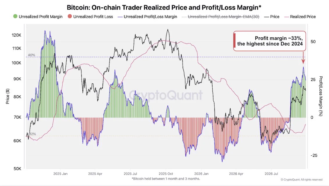 Bir ila üç aydır tutulan Bitcoin’lerin kâr marjının yüzde 33’e yaklaştığını gösteren CryptoQuant grafiği
