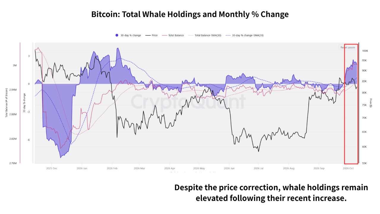 Bitcoin balina bakiyelerinin fiyat düzeltmesi boyunca yüksek seyrettiğini gösteren CryptoQuant grafiği