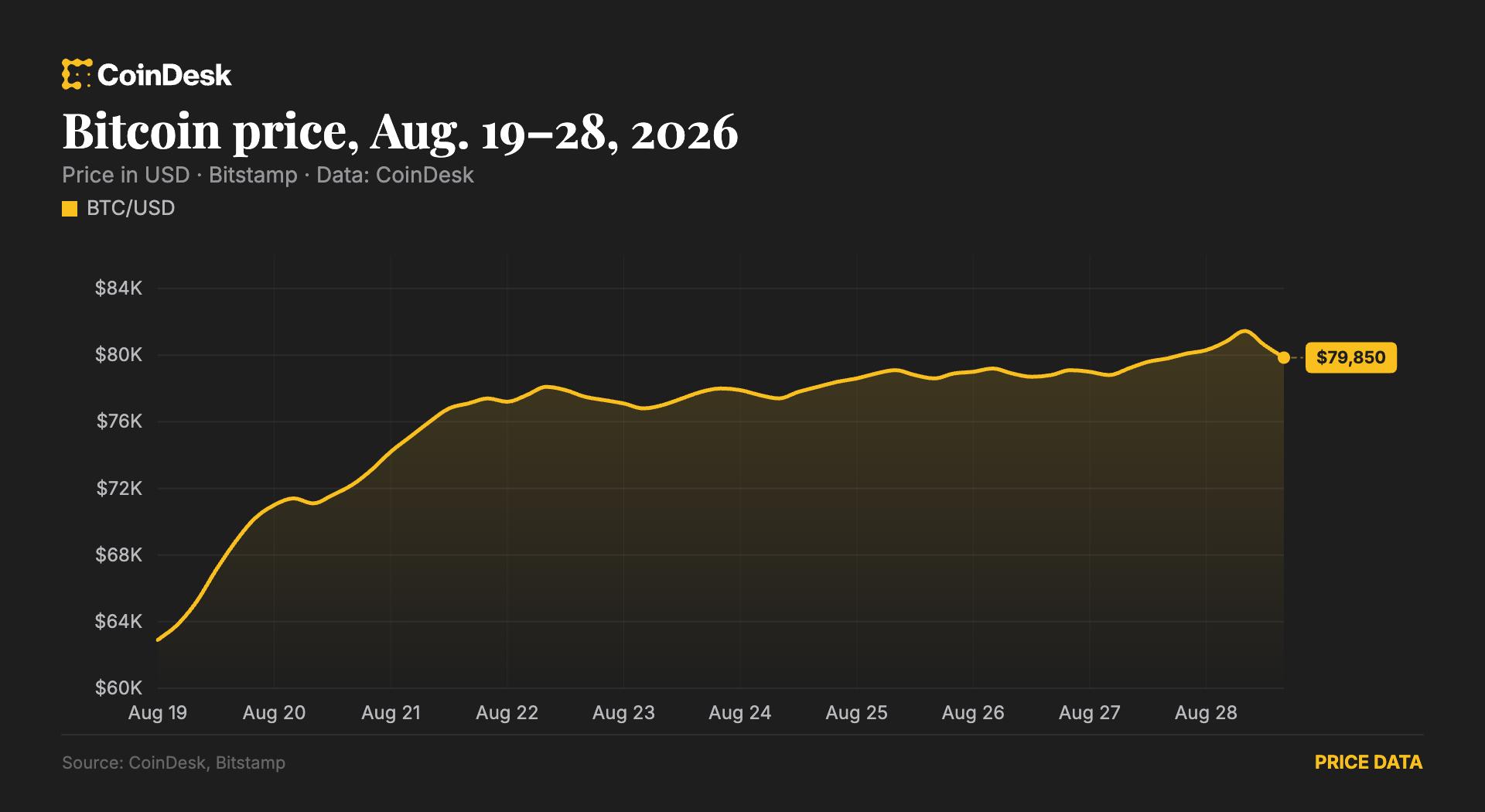 Bitcoin fiyatının 19-28 Ağustos arasında 79.850 dolara yükselişini gösteren grafik