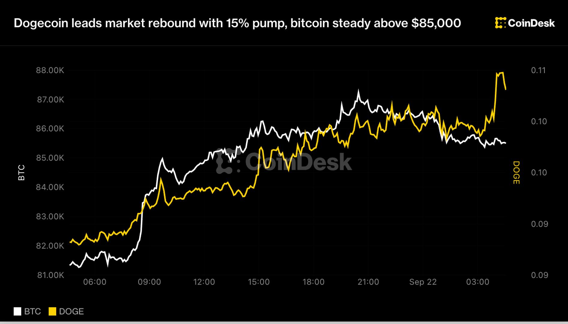 Bitcoin ve Dogecoin fiyatlarının aynı dönemdeki yükselişini karşılaştıran grafik