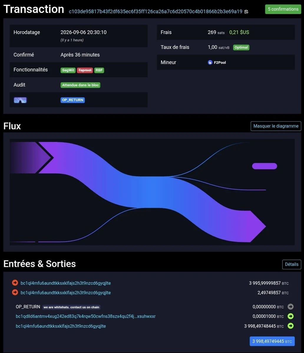 Liquid işleminin yaklaşık 3.998,5 BTC giriş ve çıkışlarını gösteren zincir üstü kayıt