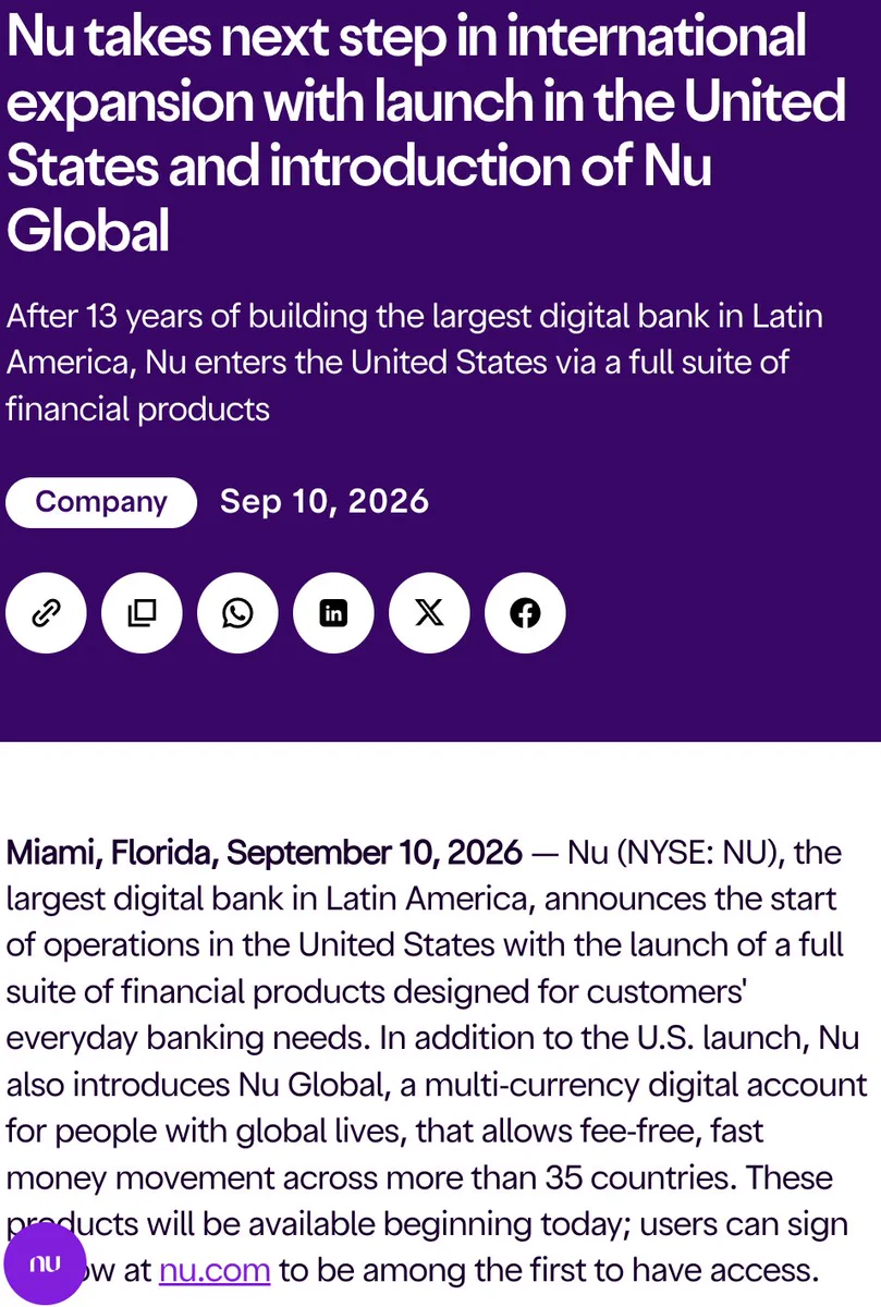 U.S. launch and Nu Global account in Nu’s September 10 announcement