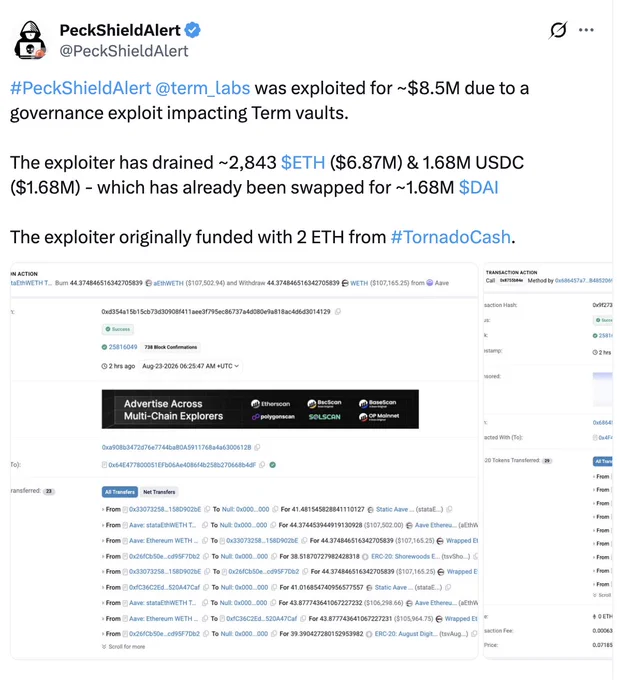 PeckShieldAlert paylaşımında saldırganın ETH ve USDC hareketlerini gösteren zincir üstü kayıtlar